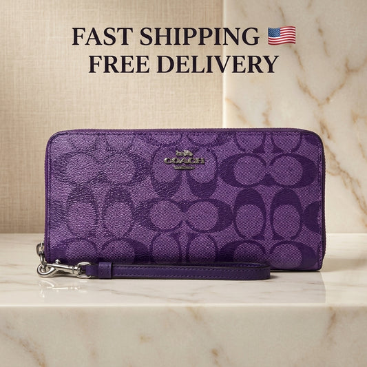 Coach Long Round Zip Wallet with Strap – Purple Signature C4452 – New