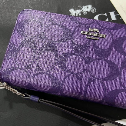 Coach Long Round Zip Wallet with Strap – Purple Signature C4452 – New